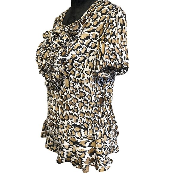 Sunny Leigh Tops - Sunny Leigh Womens Leopard Print Ruffle Blouse Large Short Sleeve